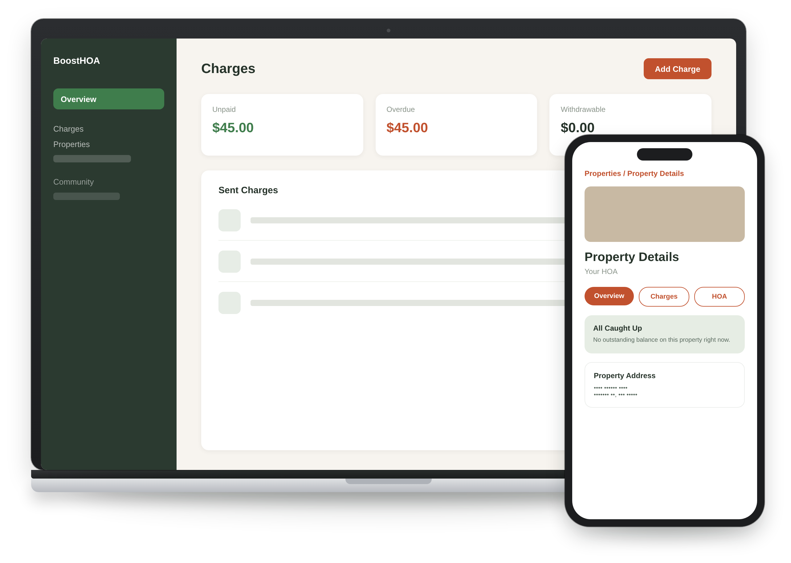 BoostHOA dashboard and mobile property details view